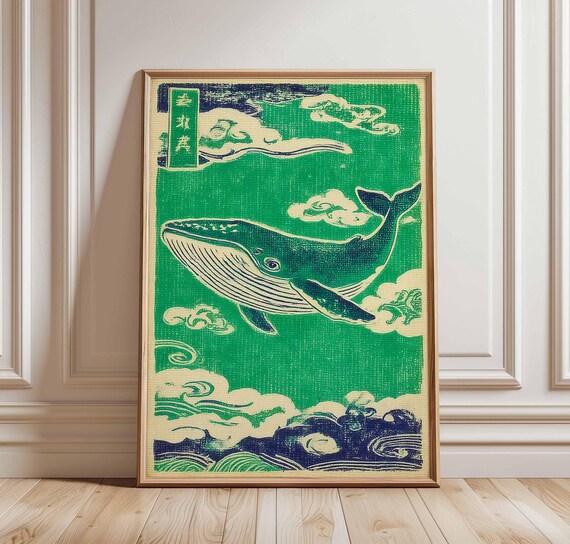 Japanese Whale Poster Ukiyoe Art Prints Vintage Ocean Wall Traditional Sea Blue Green Decor