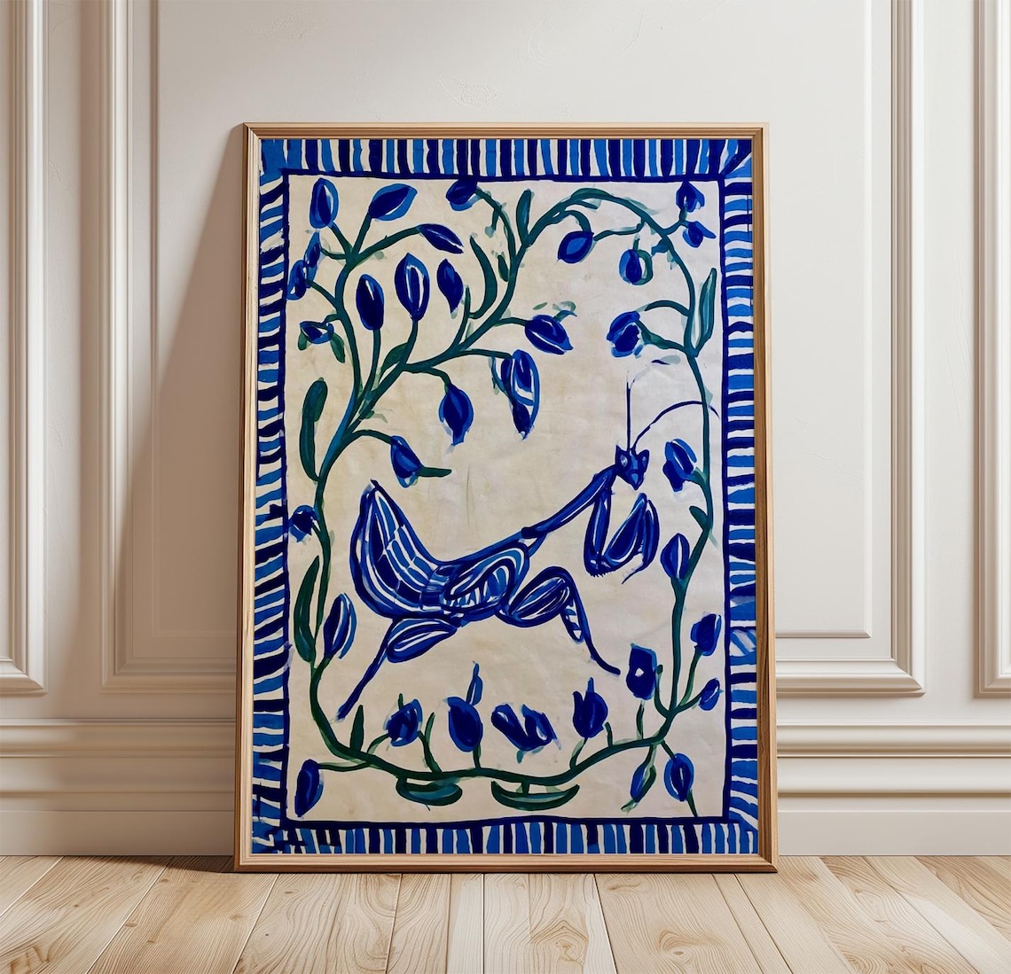Blue Orchid Mantis Folk Art Insect Poster