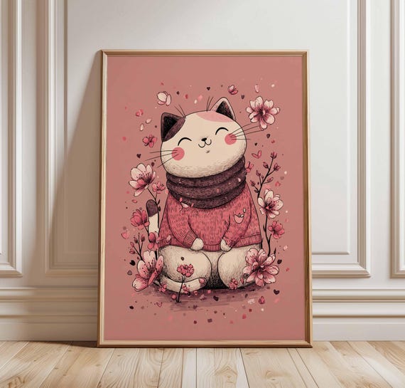 Cute Cat Wall Art Print Pink Floral Nursery Poster Kawaii In Sweater Illustration Adorable Decor For Kids Room Or Baby Girl Gift