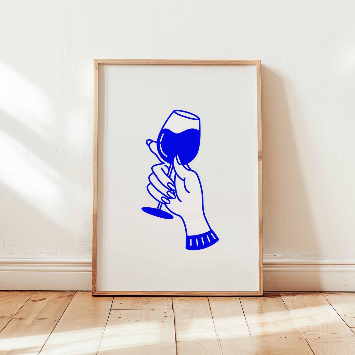 Bold Blue Wine Glass Line Art Minimalist Bar Wall Decor Poster