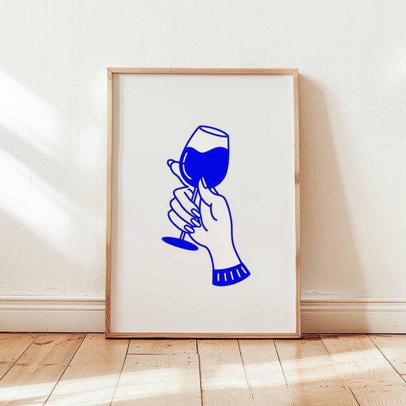 Bold Blue Wine Glass Line Art Minimalist Bar Wall Decor Poster