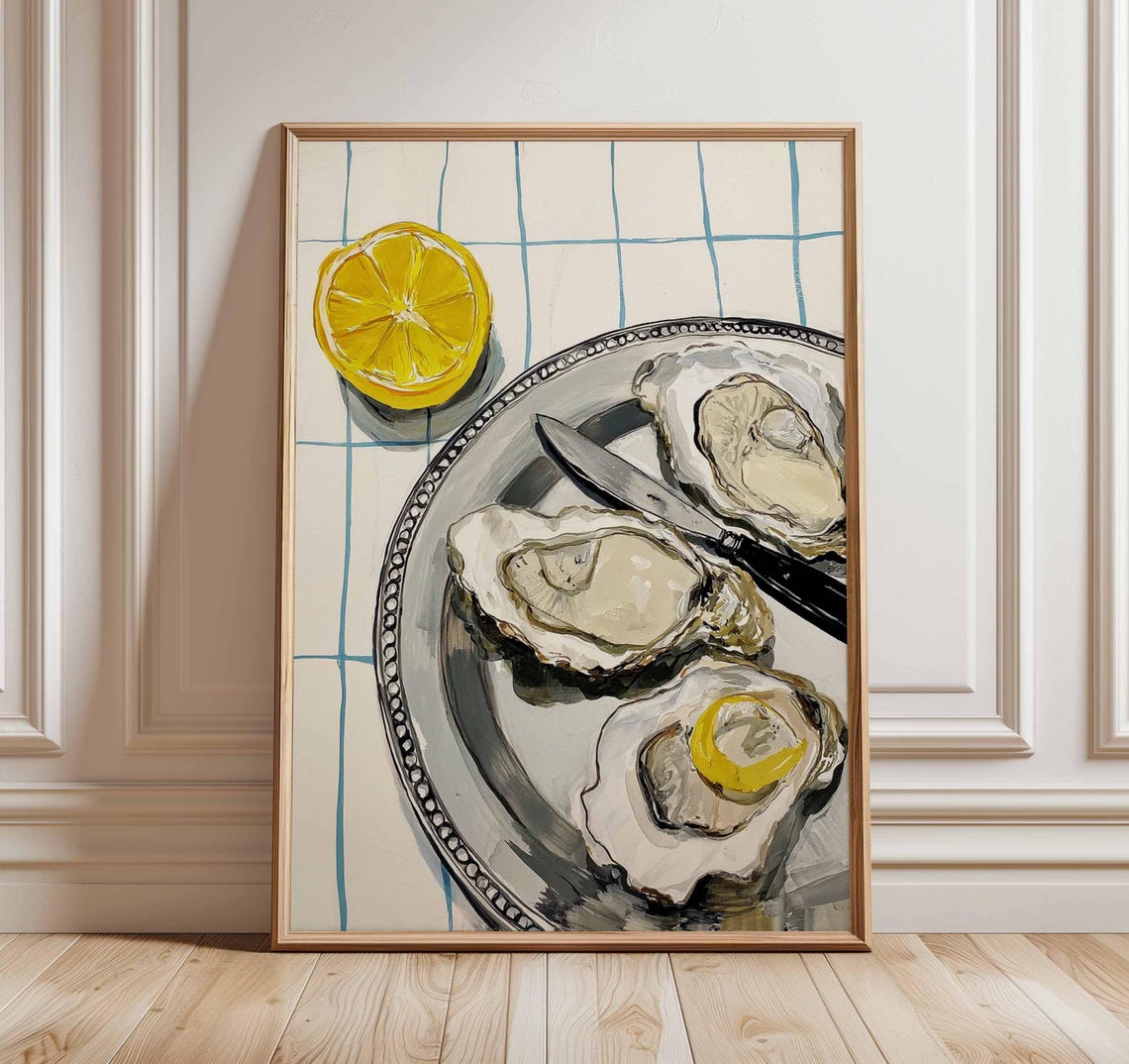 Oyster And Lemon Kitchen Wall Art Print Modern Food Poster Coastal Dining Room Decor Seafood Illustration Artwork Retro