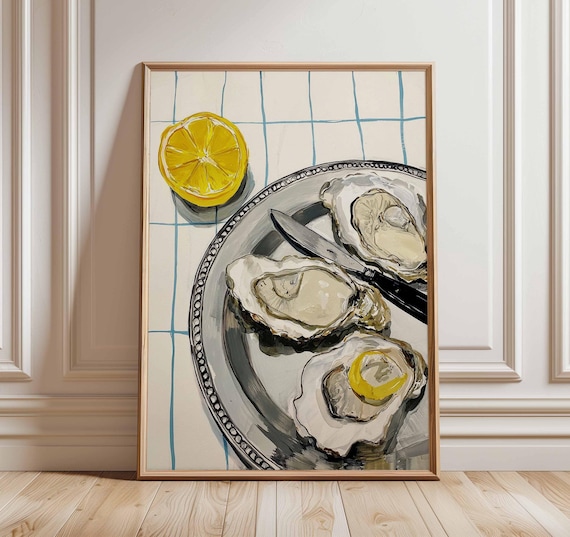 Oysters On Plate With Lemon Rustic Kitchen Food Painting Poster