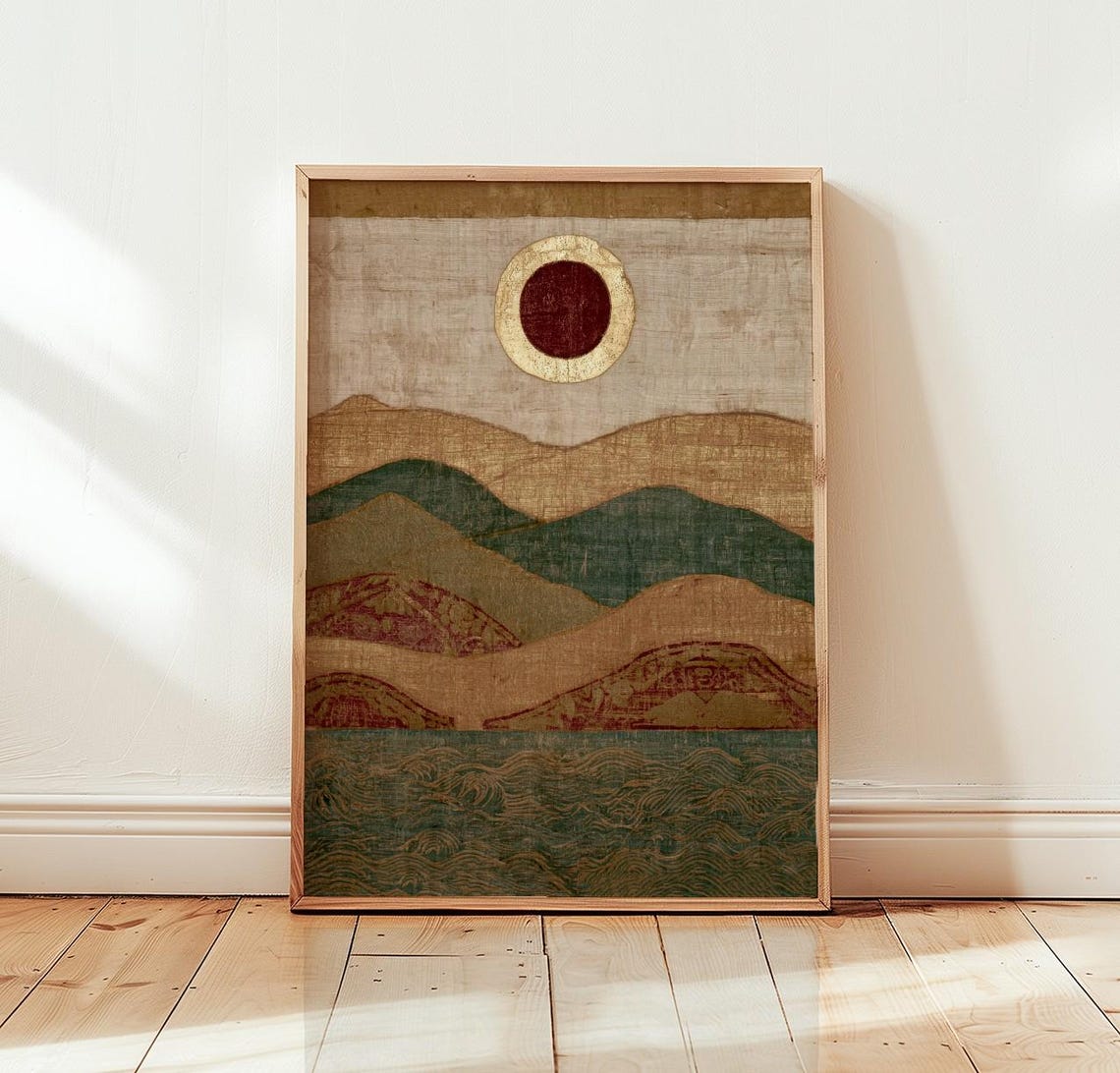 Japanese Inspired Red Sun Waves Mountain Abstract Landscape Poster
