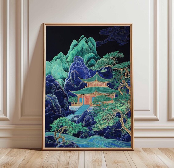 Teal Mountain Pagoda Temple Chinese Ink Painting On Black Poster