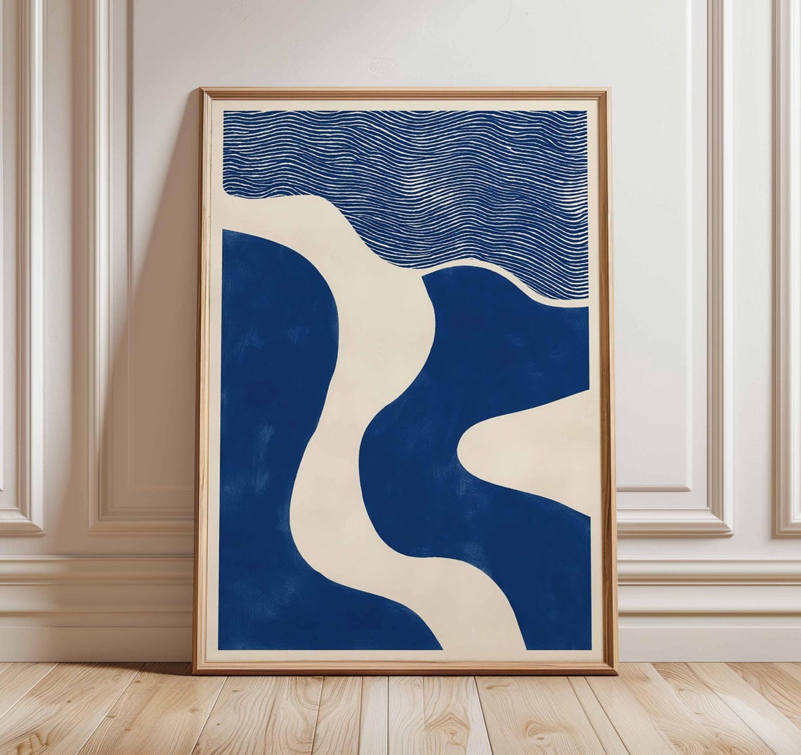 Navy Blue Wavy River Striped Wave Abstract Modern Art Poster