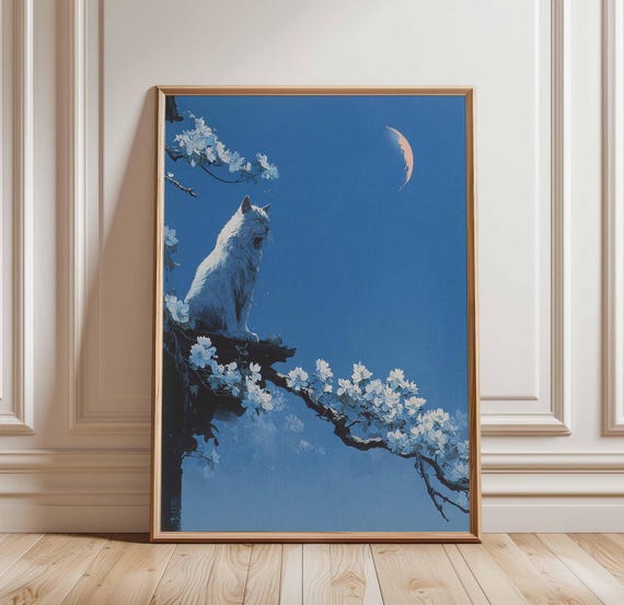 Moonlight Cat Poster Japanese Night Wall Art Serene Blue Floral Print With Crescent Moon On Tree Unframed Decor