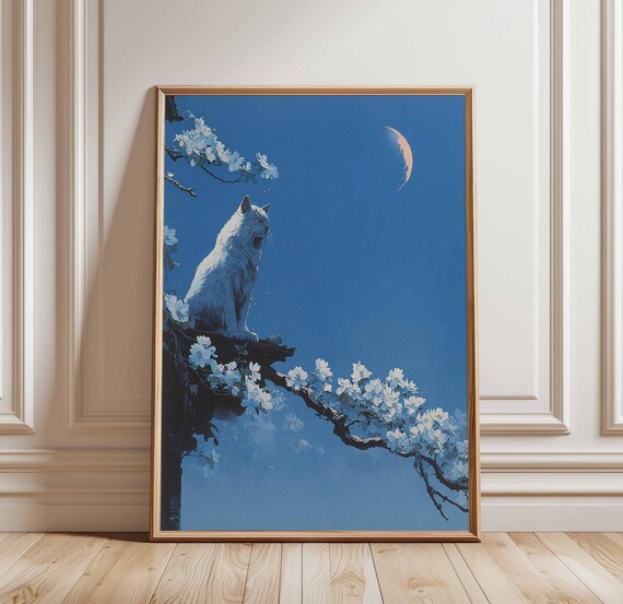 White Cat On Blossoming Branch Under Crescent Moon Night Poster