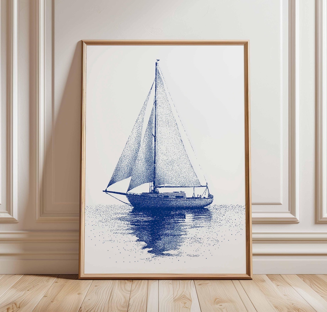 Blue Sailboat Minimalist Ocean Art Print, Coastal