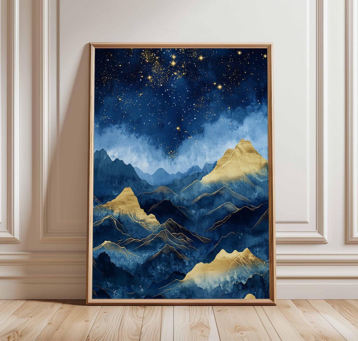 Starry Mountain Night Sky Poster Gold Peaks Abstract Cosmic Art
