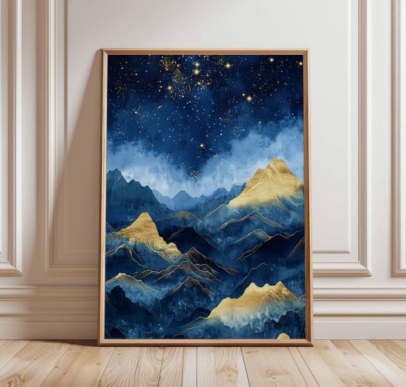 Starry Mountain Landscape Poster Gold Peaks And Night Sky Abstract Nature Art Print Wall Decor Cosmic
