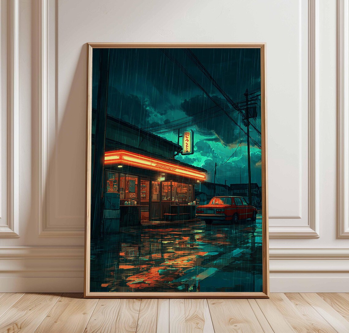 Japanese Rainy Night Neon Diner Street Anime Illustration Poster