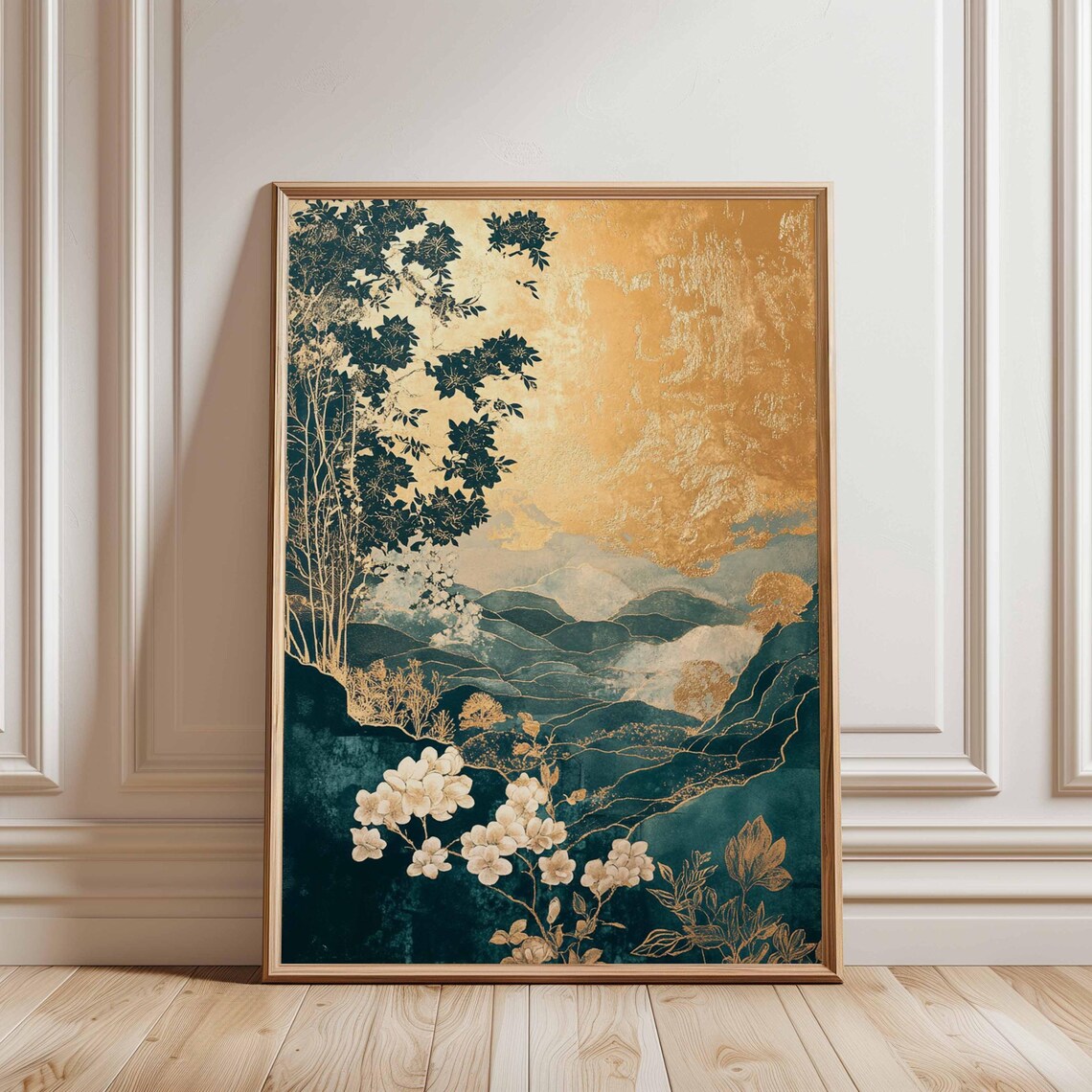 Golden Oriental Landscape Poster, Japanese-Inspired