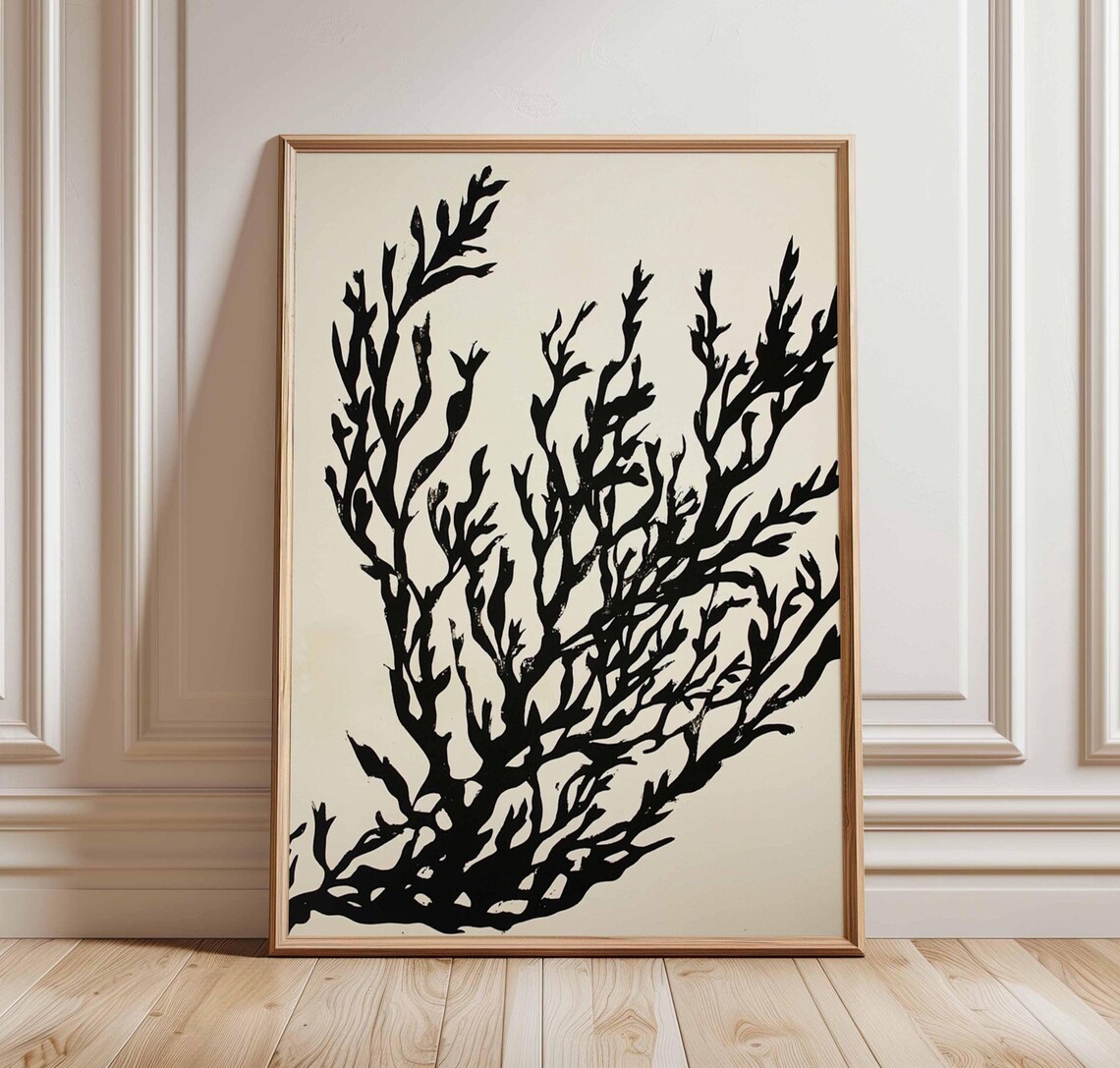 Black Coral Seaweed Silhouette Abstract Ocean Nature Art Poster