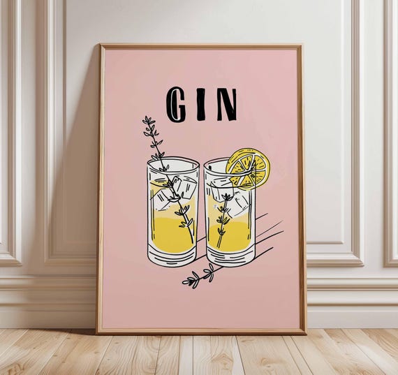 Gin And Tonic Poster Print Retro Cocktail Wall Art With Lemon Herbs Fun Bar Illustration For Kitchen Dining Room Home Decor