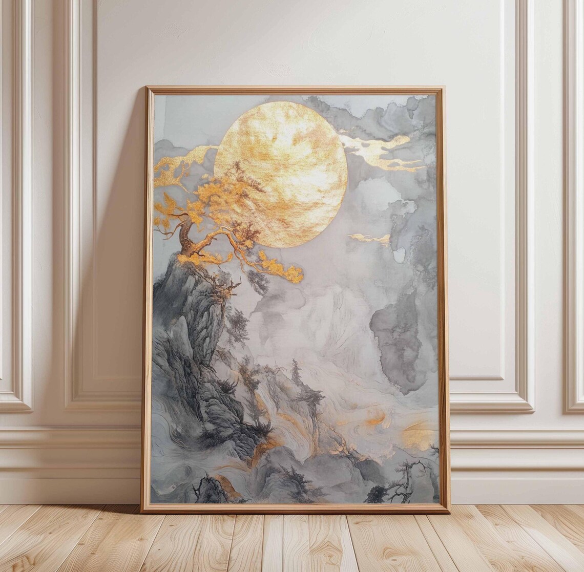 Golden Moon Over Grand Misty Ink Wash Mountains Oriental Wall Art