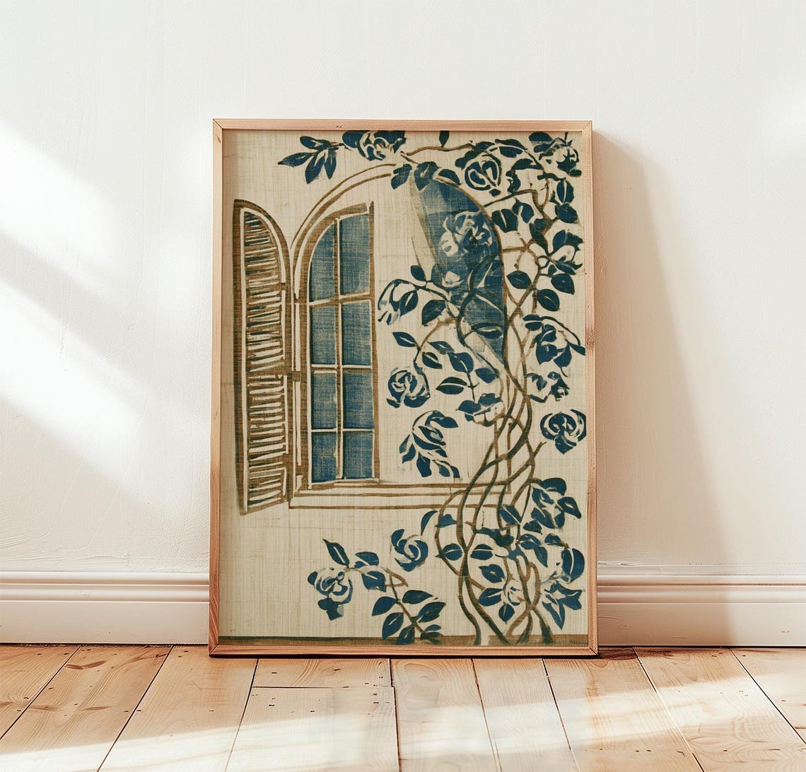 Blue Rose Covered Arched Window Woodblock Style Botanical Print