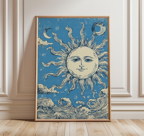 Sun Wall Art Print Vintage Celestial Illustration Blue Sky Solar Poster