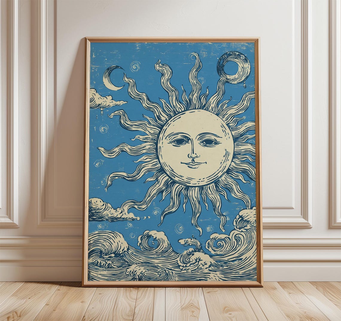 Sun Wall Art Print Vintage Celestial Illustration Blue Sky Solar Poster