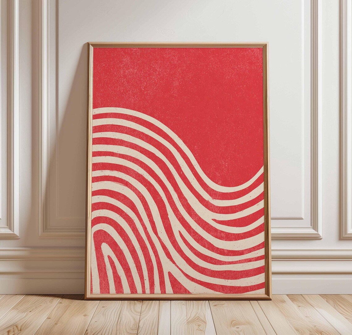 Red Abstract Waves Poster Print, Modern Minimalist