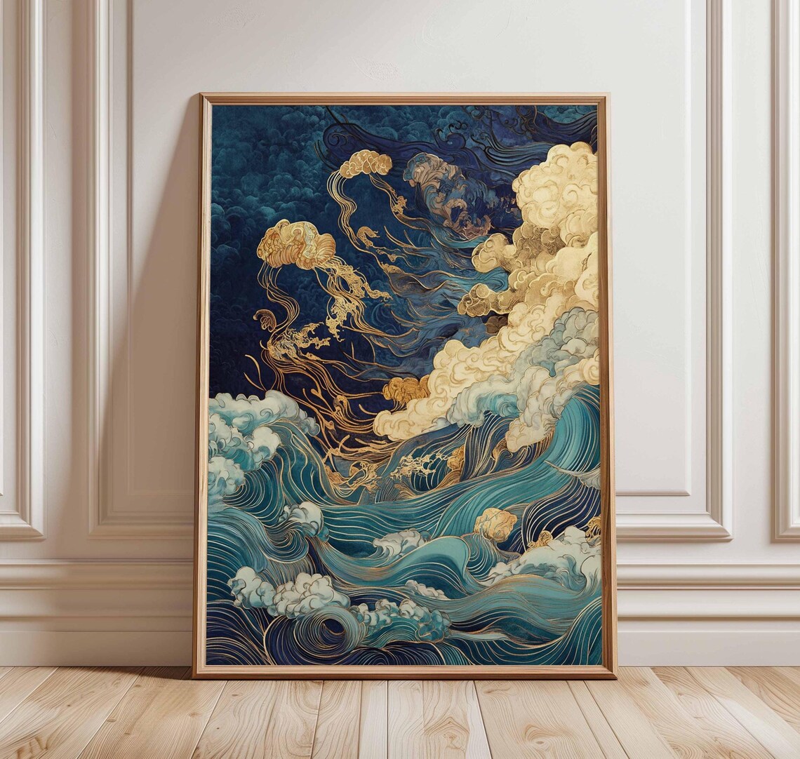 Golden Waves And Clouds Blue Ocean Japanese Inspired Art Poster