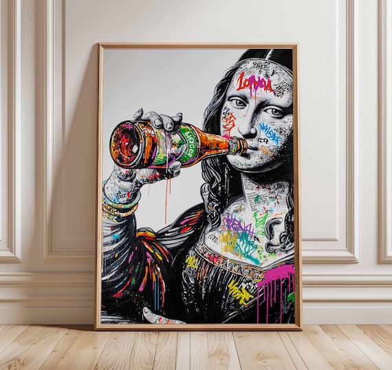 Mona Lisa Street Art Poster Graffiti Style Pop Print With Beer Bottle Urban Wall Bold Contemporary Home Decor Funky Cool Artwork