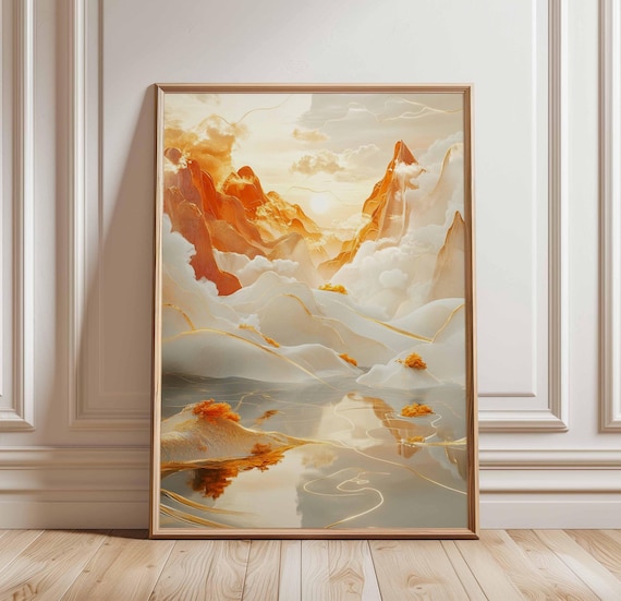 Amber Sunrise Over Misty Peaks Golden Lake Oriental Landscape Poster
