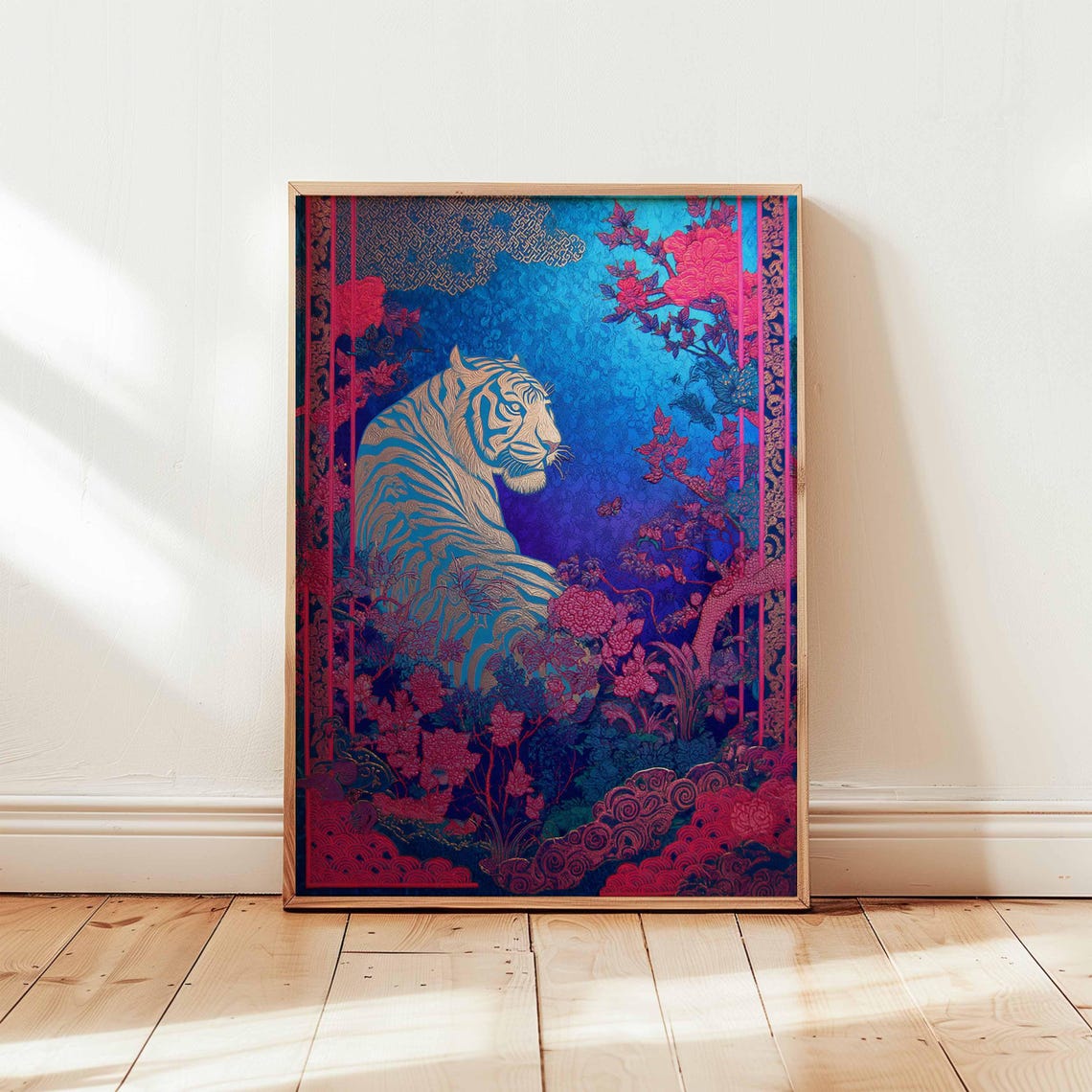 White Tiger Midnight Garden Oriental Floral Fantasy Art Poster