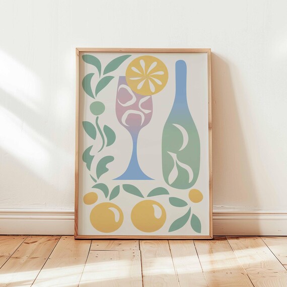 Abstract Wine Glass Lemon Bottle Mediterranean Kitchen Art Print