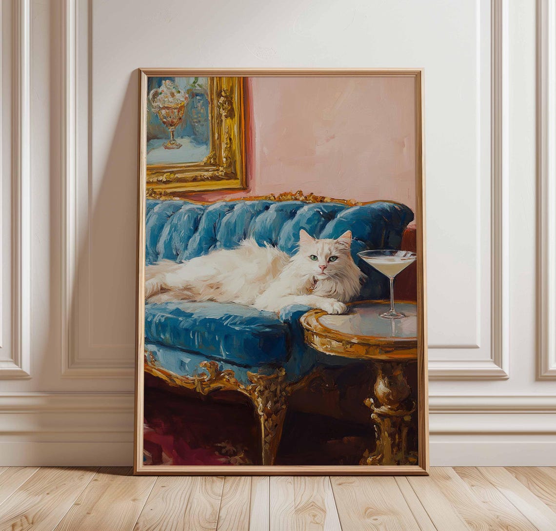 White Cat On Blue Sofa Side Table Martini Whimsical Portrait Print