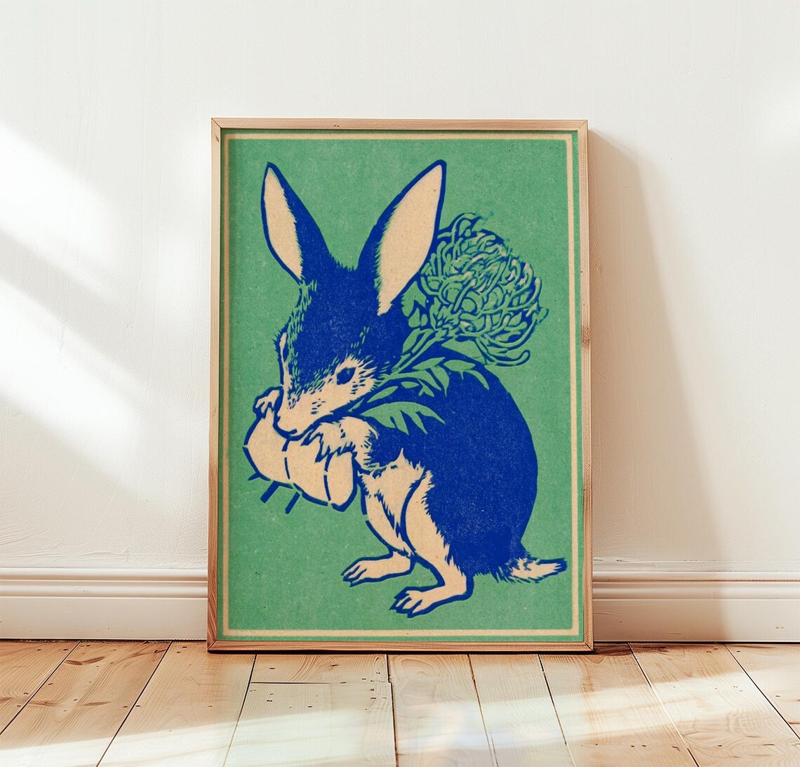 Rabbit Folk Art Poster, Vintage Woodland Animal