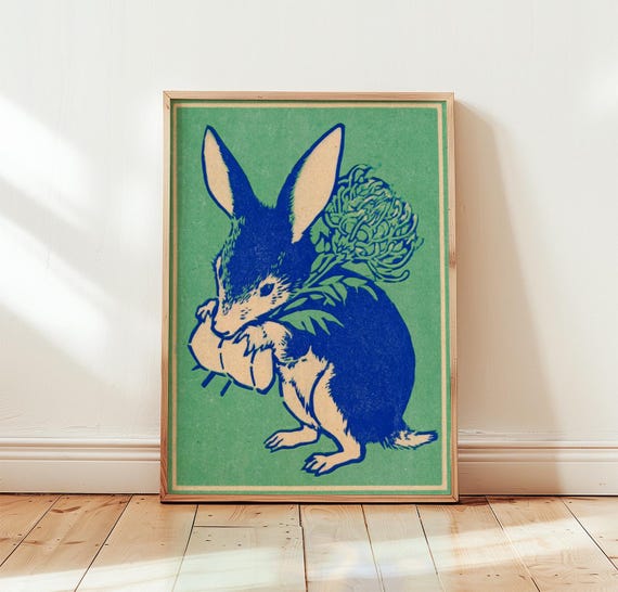 Rabbit Folk Art Poster, Vintage Woodland Animal