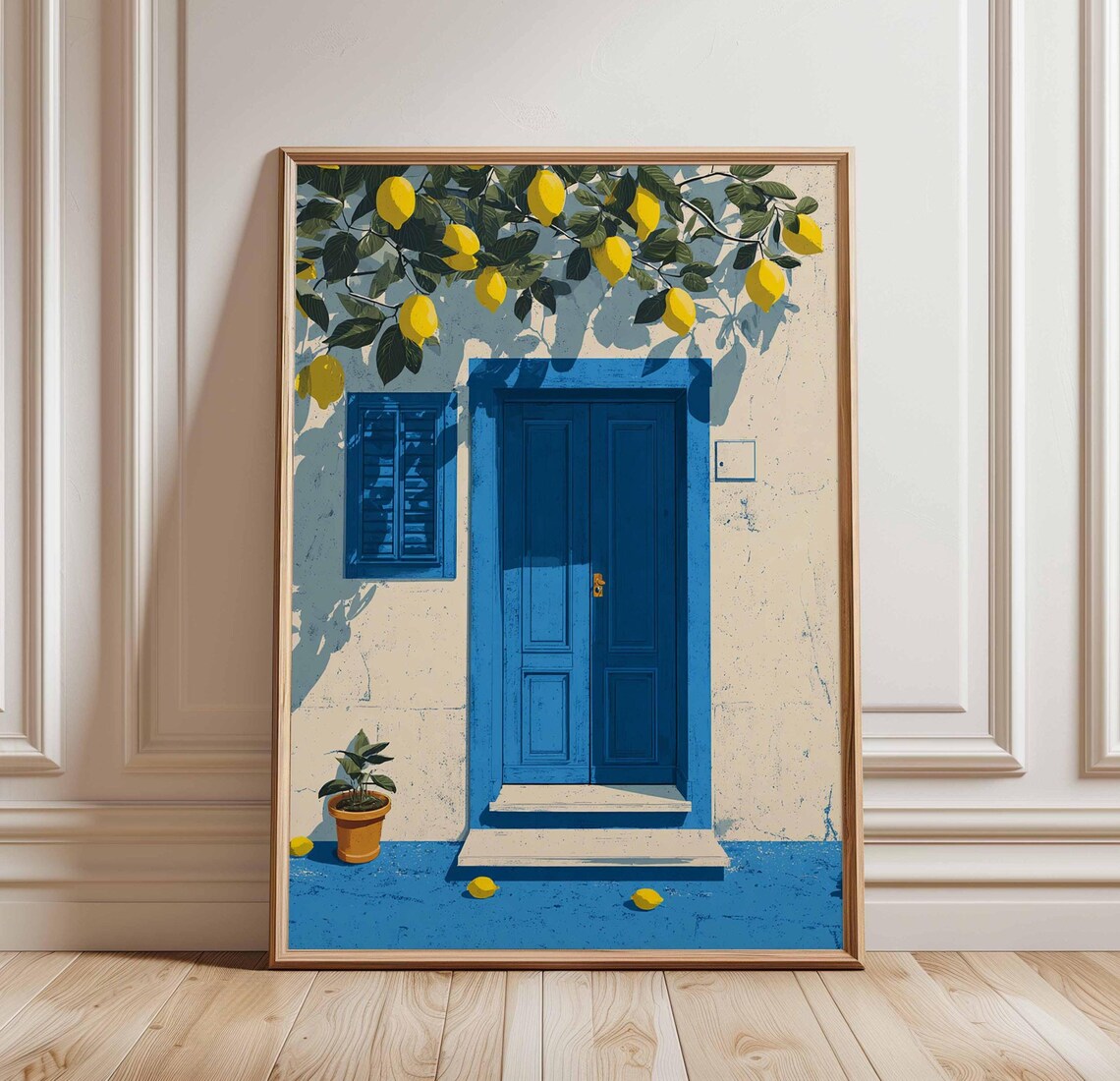 Blue Mediterranean Door Lemon Tree Greek Island Summer Art Poster