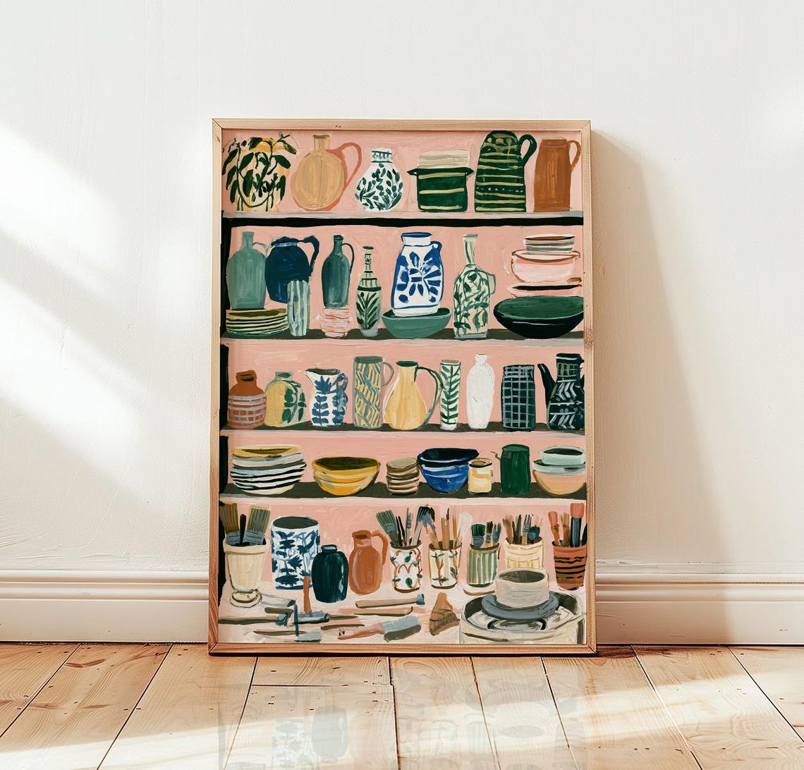 Colorful Pottery Shelf Vases Bowls Studio Still Life Wall Art