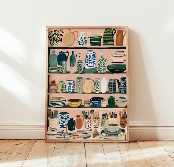Colorful Pottery Shelf Vases Bowls Studio Still Life Wall Art