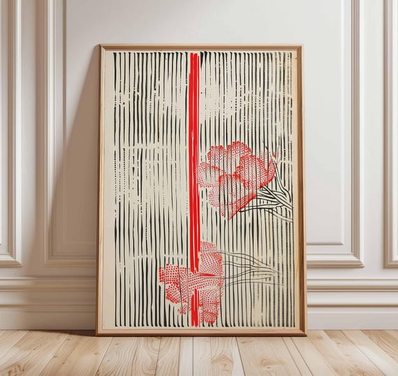 Japanese Abstract Red Poppy Floral Minimalist Zen Botanical Art Poster