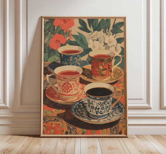 Vintage Teacups Poster Floral Tea Cup Wall Art Print Cozy Cottage Kitchen Decor Afternoon Artwork Unframed Traditional