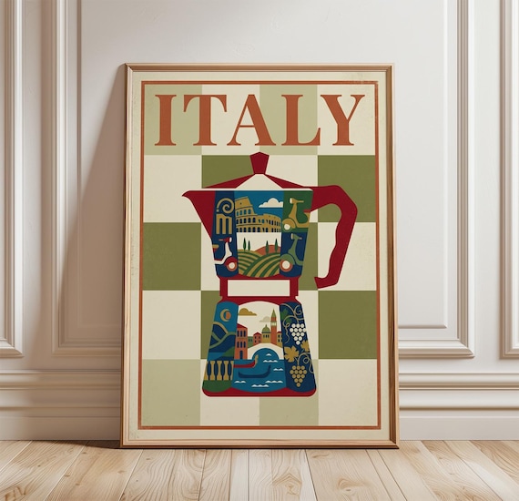 Italy Vintage Coffee Moka Pot Colosseum Kitchen Travel Poster