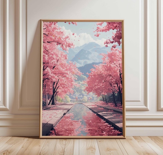 Cherry Blossom Canal Avenue Pink Petals Spring Landscape Poster