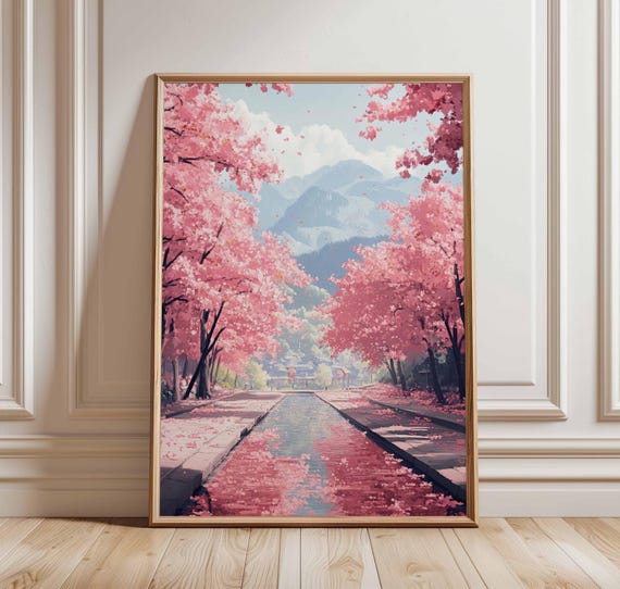 Cherry Blossom Path Poster Pink Floral Landscape Art Tranquil Spring Road Print Japanese Garden Wall Decor Serene Nature Artwork