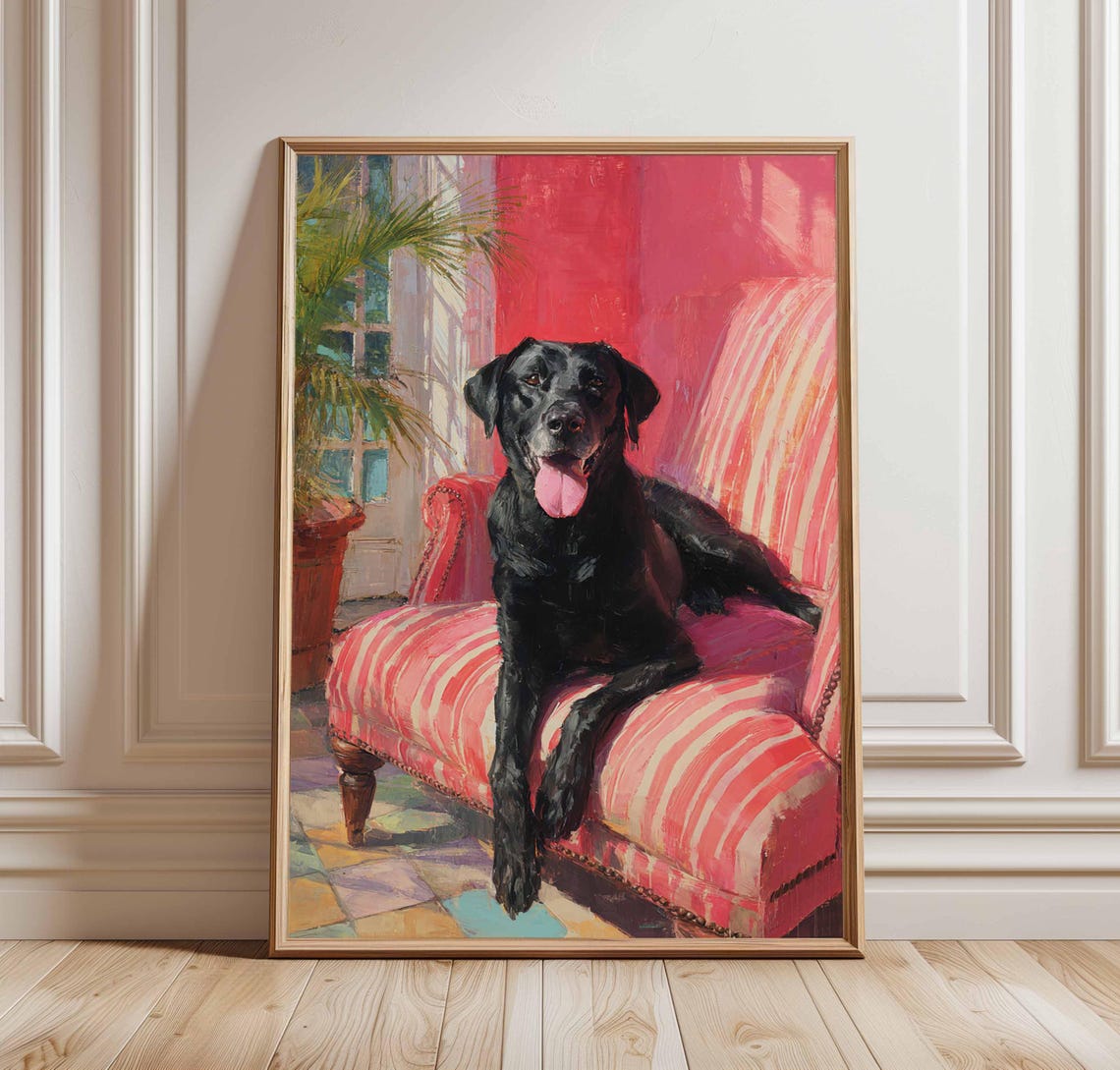 Happy Black Labrador On Striped Chaise Pet Portrait Art Poster