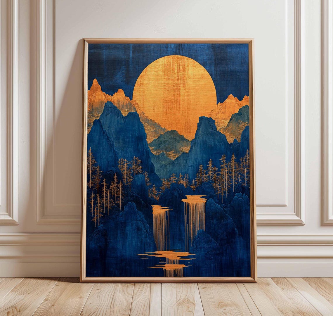 Golden Sun Blue Mountains Waterfall Asian Inspired Art Poster