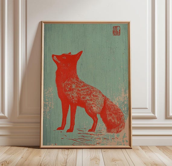 Fox Poster Wildlife Wall Art Print Minimal Animal Illustration Rustic Nature Decor Red Artwork