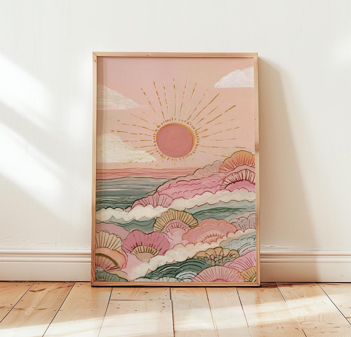 Pink Ocean Sunrise With Scallop Wave Pattern Coastal Wall Art