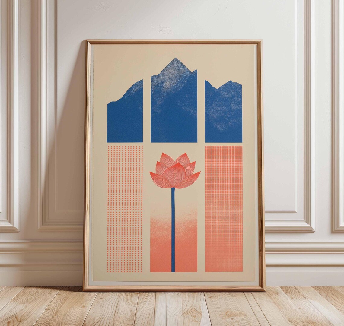 Blue Mountains Coral Lotus Flower Abstract Geometric Art Poster