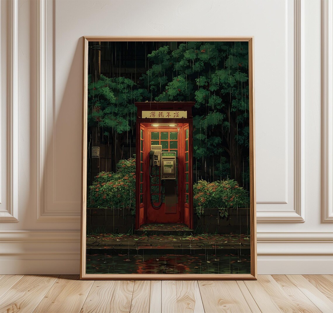 Japanese Phone Booth Poster, Rainy Night Anime