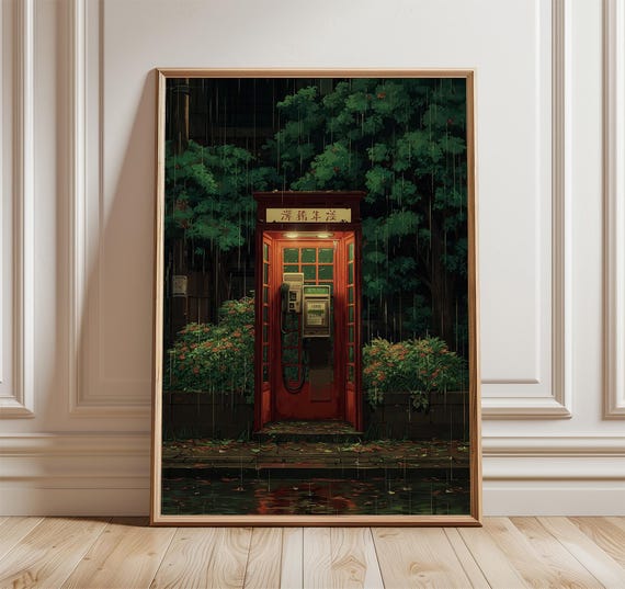 Japanese Phone Booth Poster, Rainy Night Anime