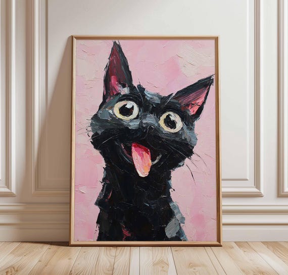 Funny Black Cat Art Print Wide Eyed Poster Cute Pink Wall Playful Animal Painting Whimsical Pet Decor For Lovers