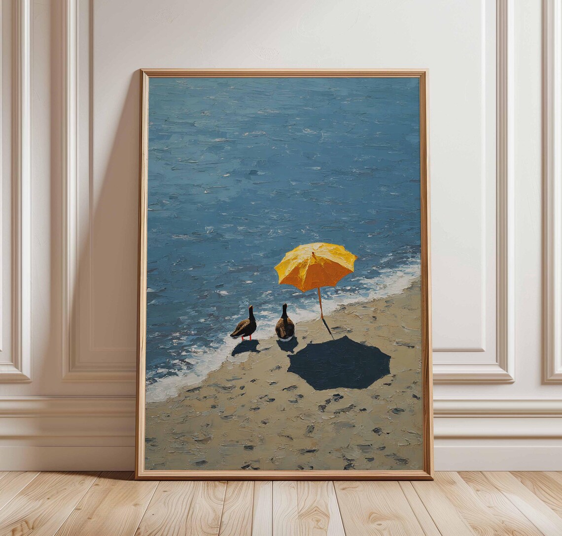 Beach Ducks With Yellow Umbrella Summer Ocean Painting Poster