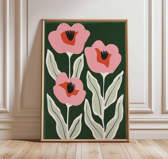 Floral Wall Art Print Minimalist Poppy Poster Scandinavian Botanical Artwork Pink Flower Decor Modern Plant Illustration Unframed